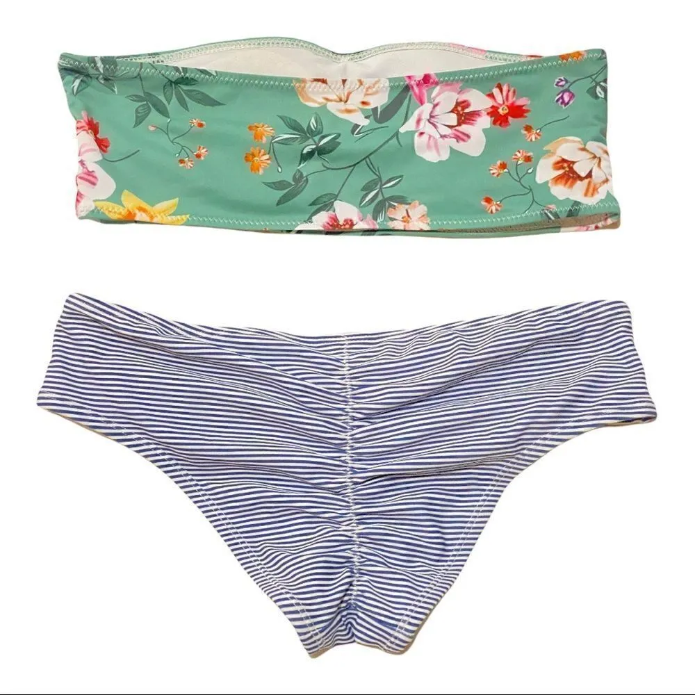 Shein Bandeau Floral & Stripe Bikini Size Small - Image 3