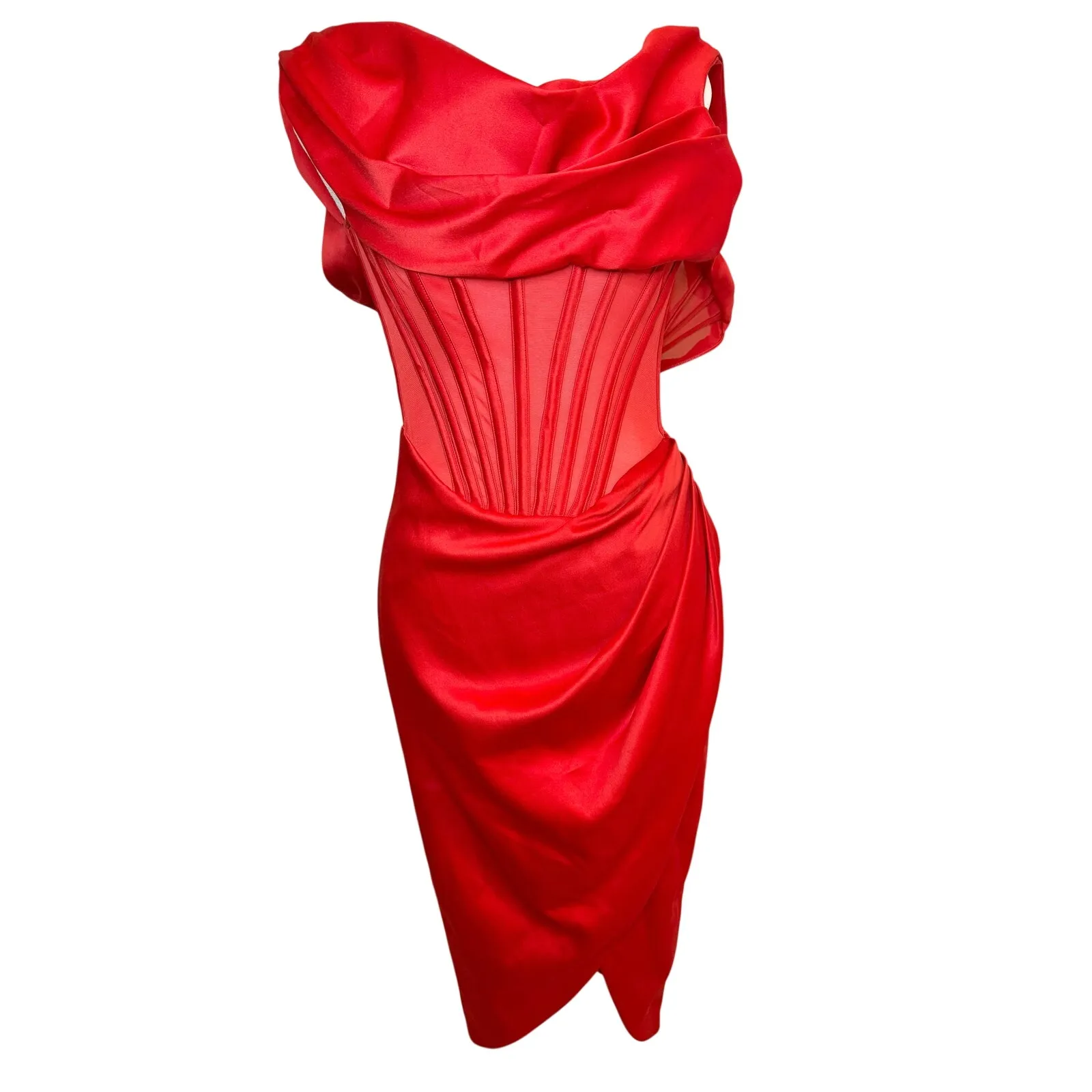 House of CB Lulu Corset One-Shoulder Satin Midi Dress sz. XS - Image 3