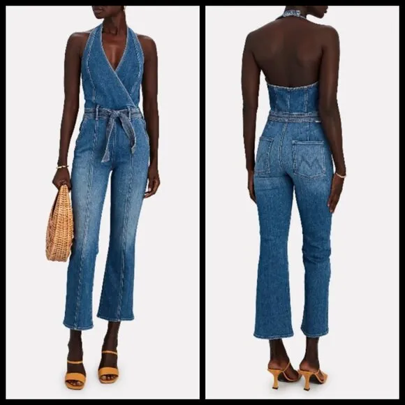 💕MOTHER DENIM💕 Halter Hustler Jumpsuit Ankle A Groovy Kind of Love 34 70s Blue - Image 3