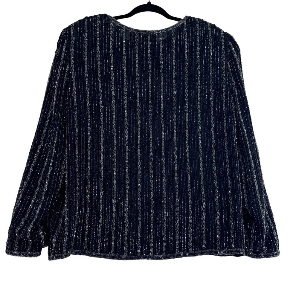 Vintage Papelle Boutique black and silver silk Beaded Evening Jacket size XL - Image 4