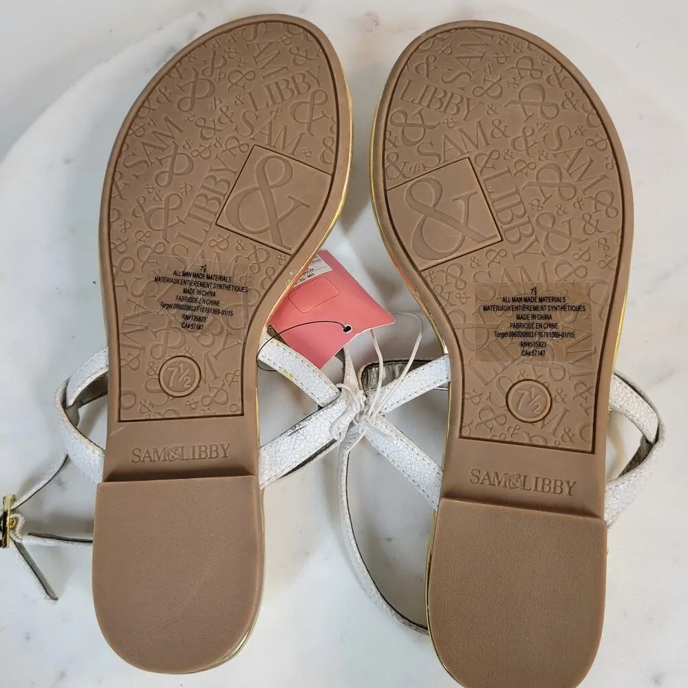Sam & Libby Womens Sandals 7.5 White Faux Leather T-Strap Jeweled Flat Thong NEW - Image 13
