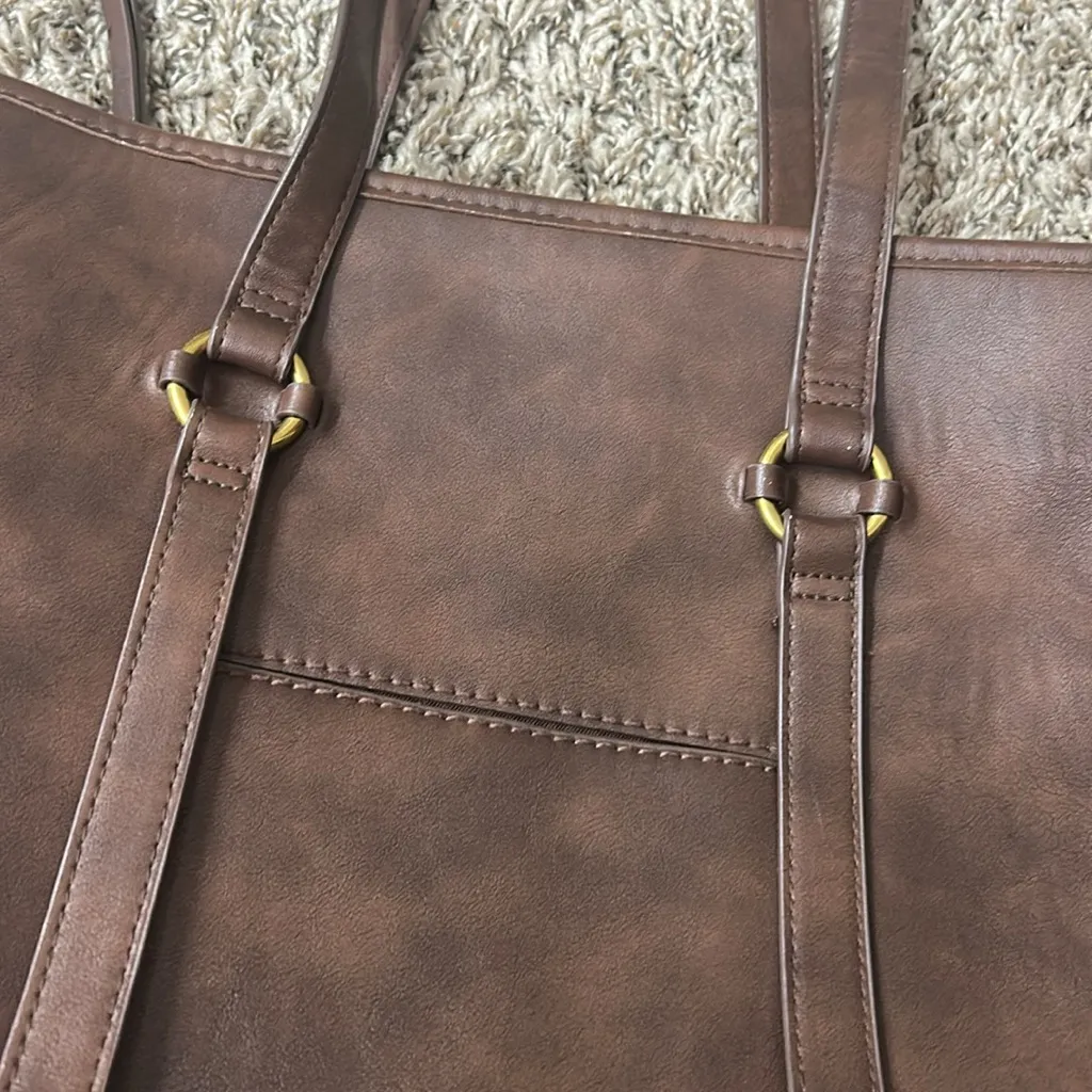 Universal Thread Large Zip Top Closure Tote Handbag Faux Leather Brown - Image 2