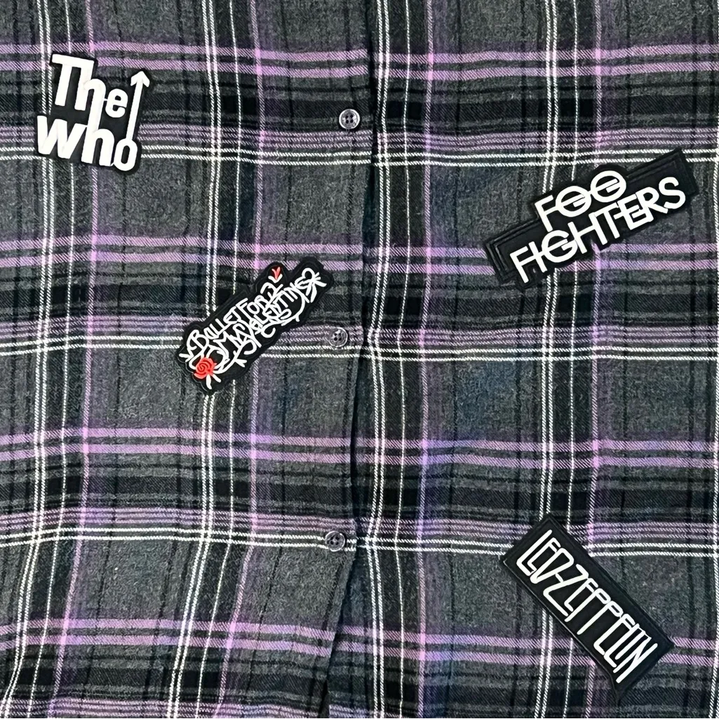 Plaid Flannel Grunge Rock Punk Dress Baggy Purple Black Large All Over Patches - Image 6