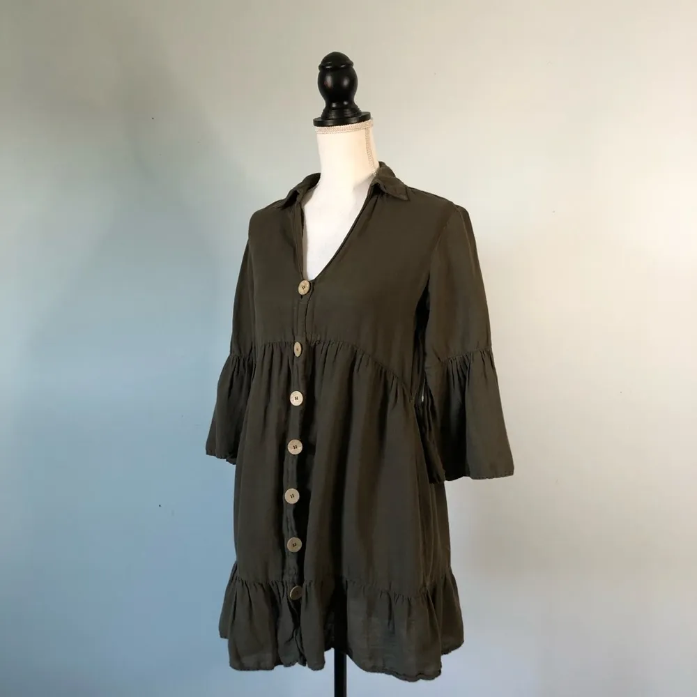 ZARA | Olive Green Bell Sleeve Button Down Tunic Top - Image 4