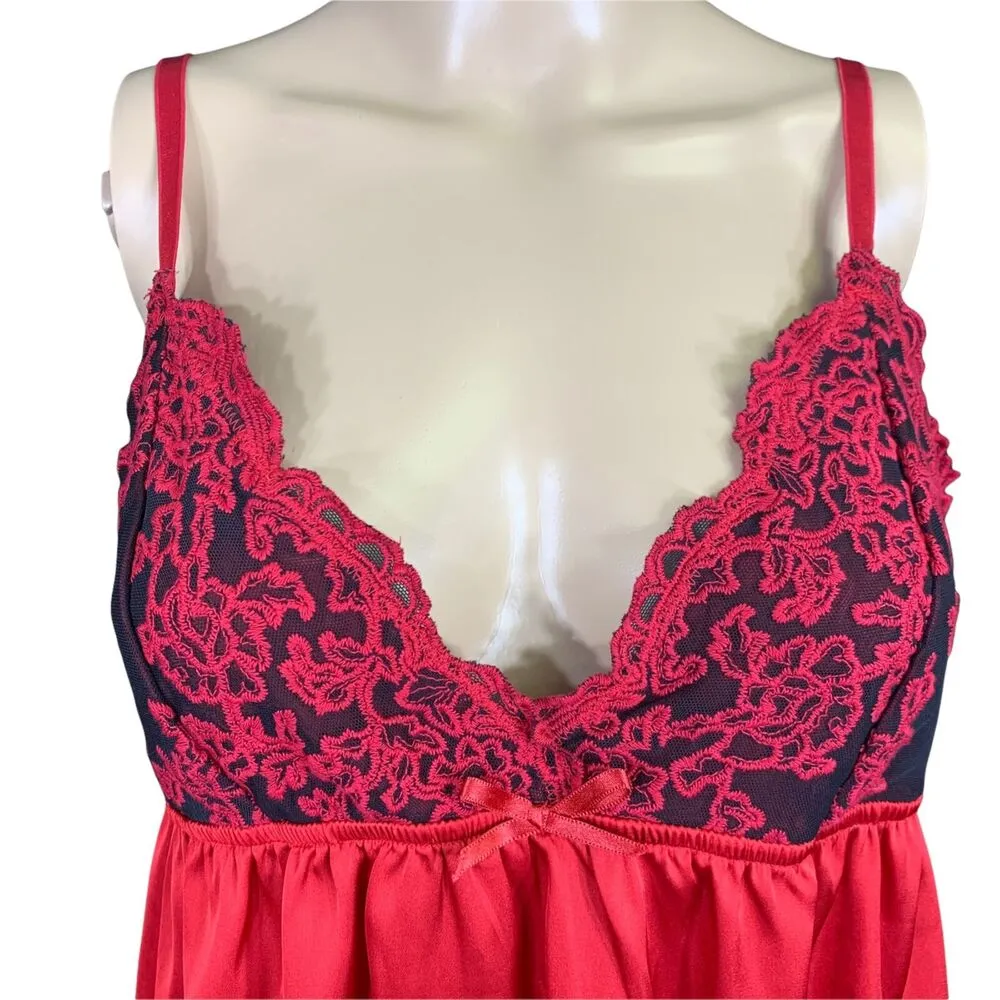 Tahari Sleepwear Womens Lingerie Top Pajama Sleepwear Satin Lace Babydoll Red - Image 3