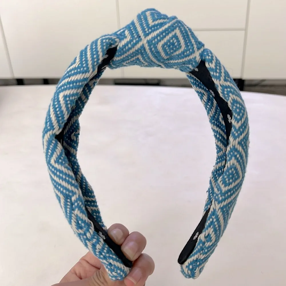 Lele Sadoughi Diamond Woven Knotted Headband in Turquoise Blue and White - Image 3