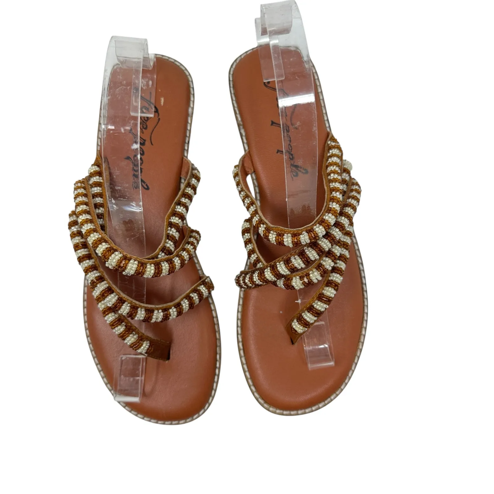 Free People Beatrice Beaded Flat Sandal Flip Flop Tan Brown‎ Size 38 US 7.5 - Image 3