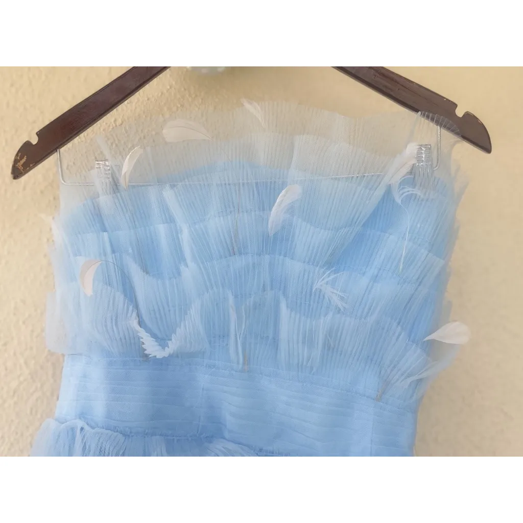 Mac Duggal Baby Blue Feathers Tulle Strapless Fit Flare Mini Dress Size 4 Party - Image 7
