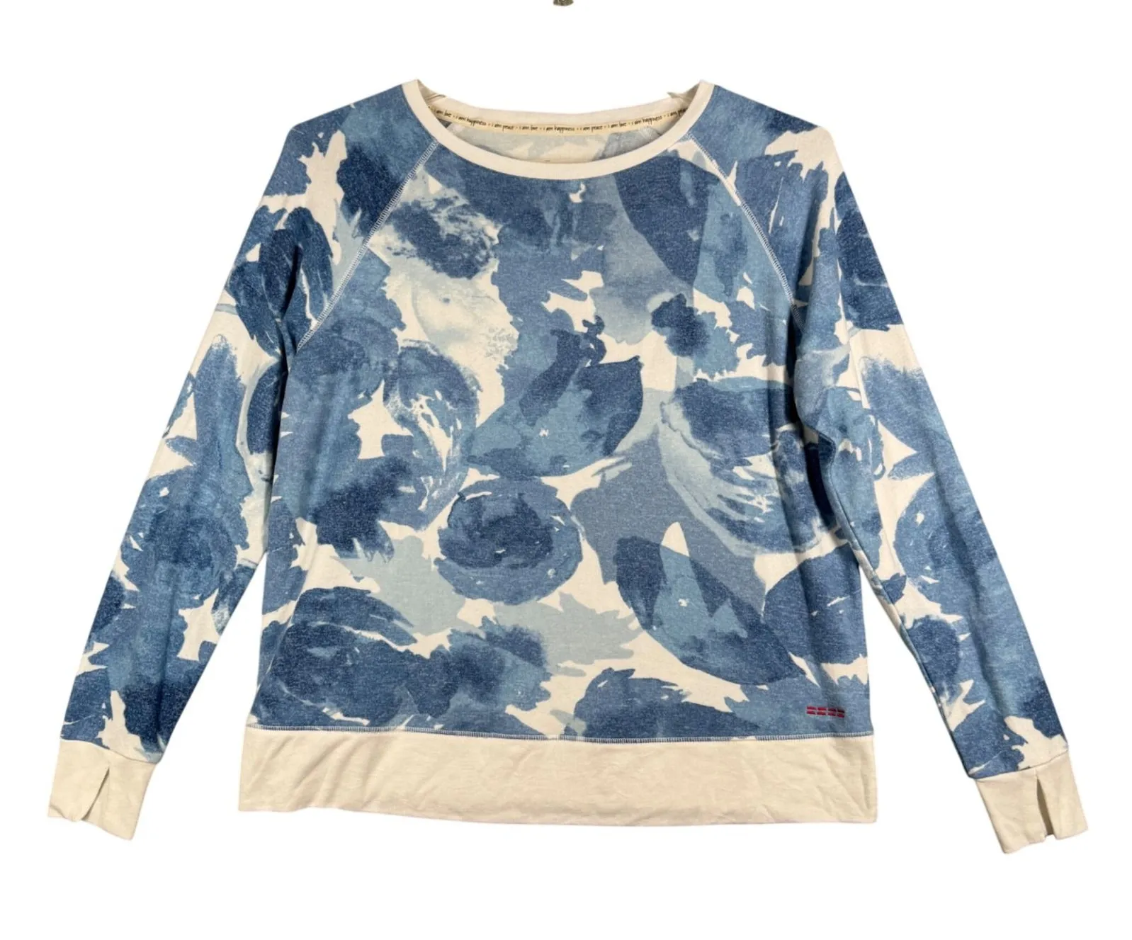 Peace Love World Sweatshirt Blue White Floral Print Pullover Top Comfy Casual S - Image 1