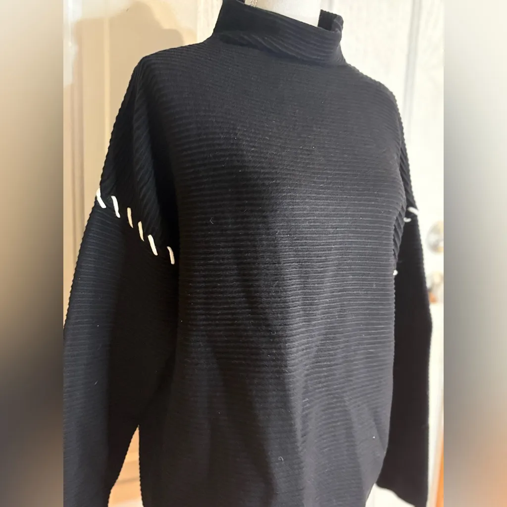 Tahari Black Turtleneck Whipstitched Sweater with White Stitching size M NWT - Image 3