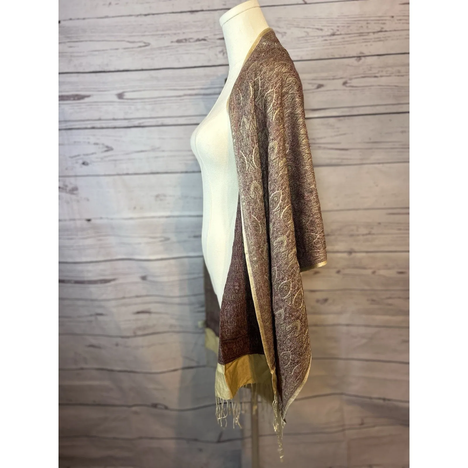 J.Jill Boho Fringe Wool Silk Blend Scarf Made in India Brown Gold 72x19 - Image 3