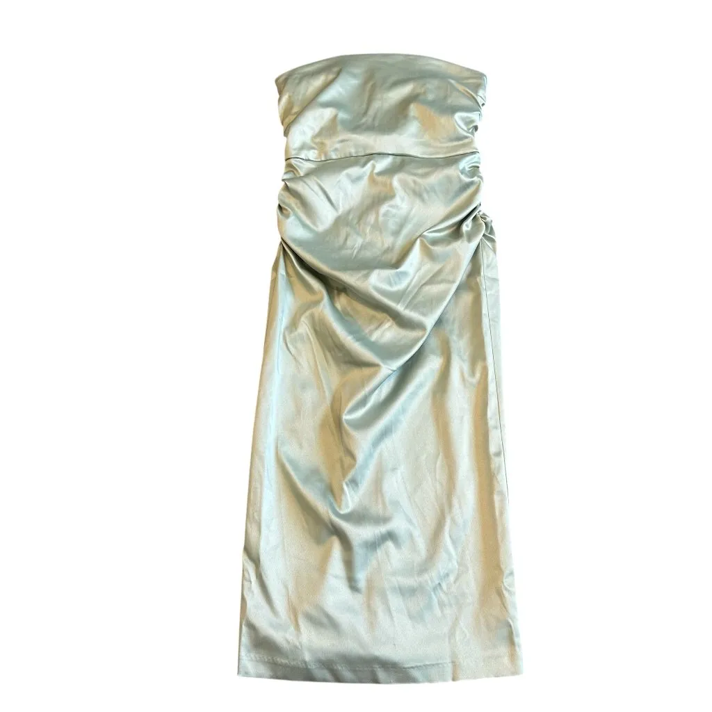 BHLDN Anthropologie Strapless Green Satin Dress Ruched Knee Length Size Med NWT - Image 3