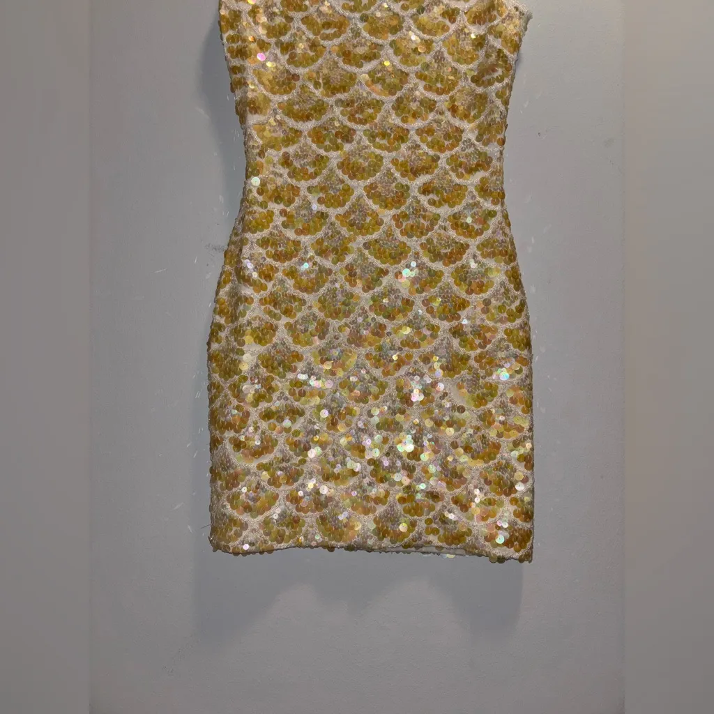 Iridescent Vintage Hand Sequined Beaded Embellished Stretch Dress New Years Eve Gold Size XS - Image 3