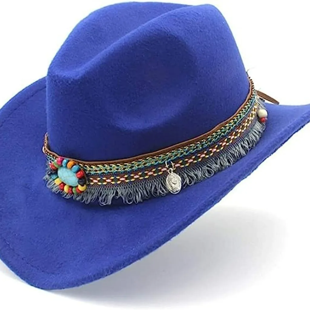 Blue Western Cowboy, Cowgirl Hat, Bead Tassle Strap, Men Women‎ Retro Wide Brim - Image 3