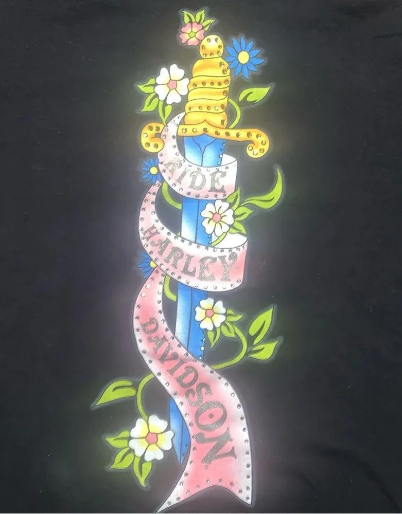 Vintage Harley Davidson Women's Rhinestone Polo Shirt Flower Sword Large Black - Image 4