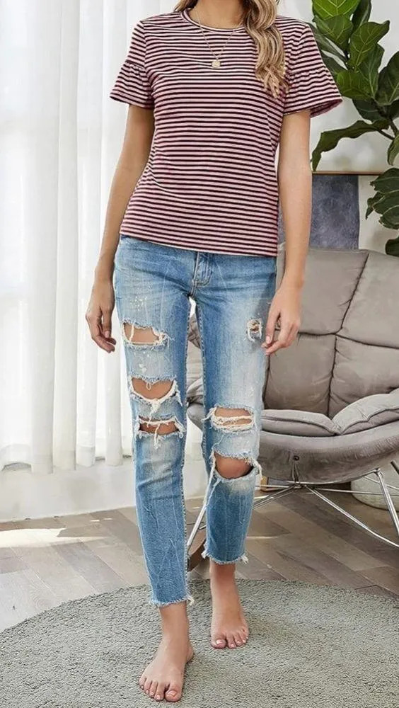 SweatyRocks  Ruffle Sleeve Striped T-Shirt - Image 2