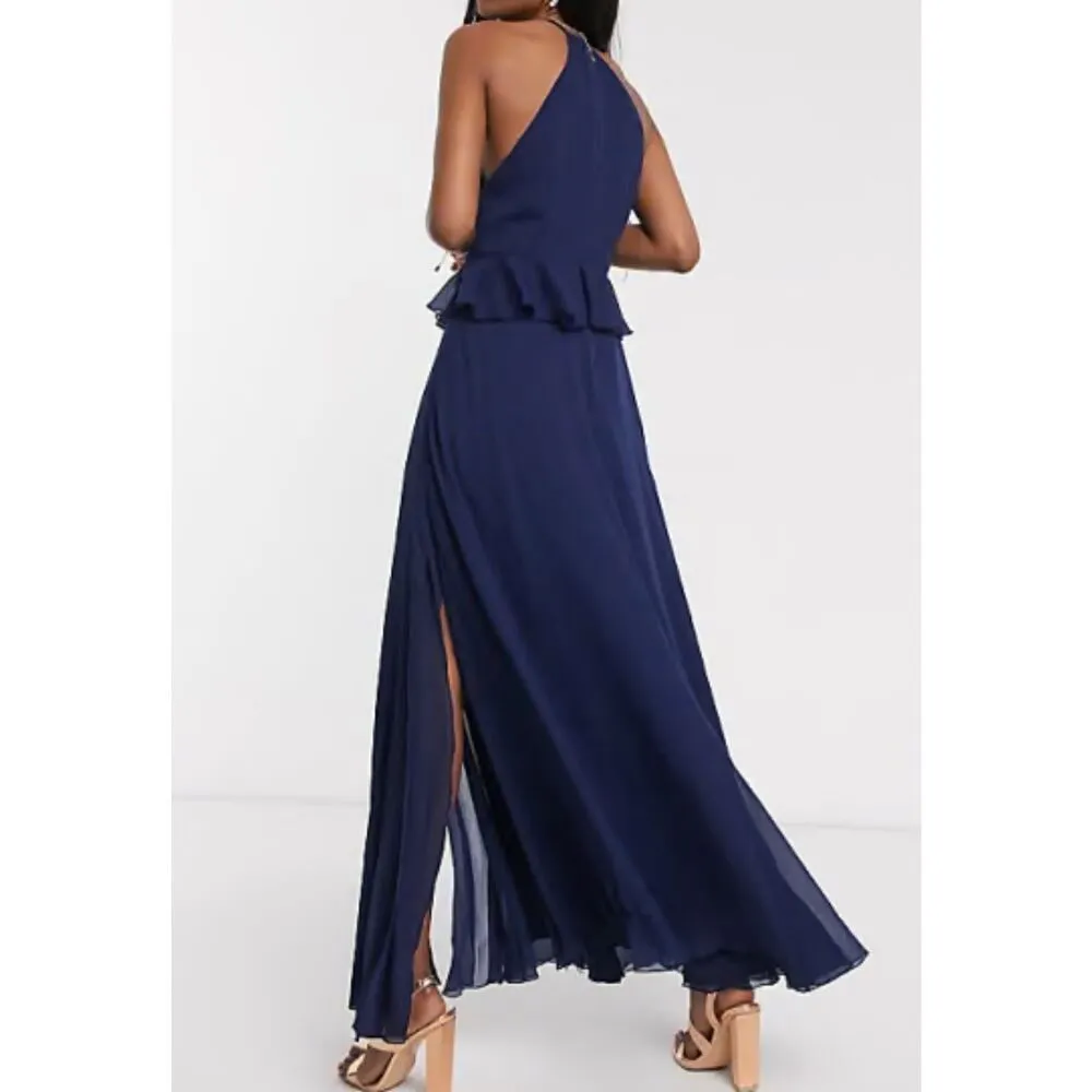 ASOS Navy Chiffon Ruffle Waist Halter Sleeveless Lined Maxi Dress Size 10 - Image 3