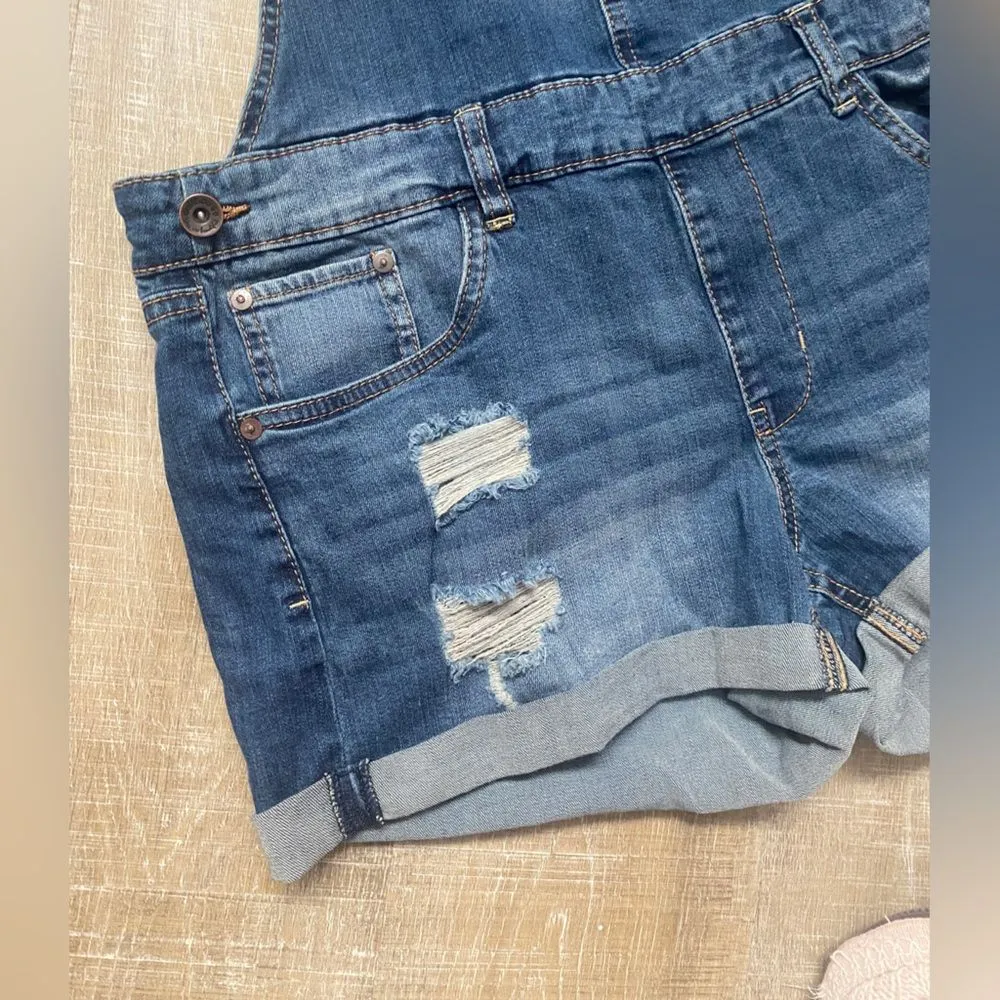 Denim Overalls Sz Large Distressed Coverall Shorts Shortalls Grunge Skater 90s - Image 10