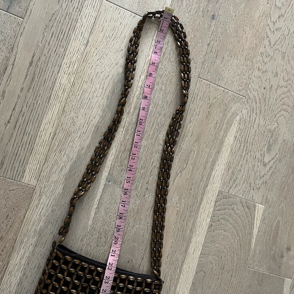 Vintage Wooden Bead Crossbody Bag Boho Brown Woven Shoulder Purse Handmade - Image 8