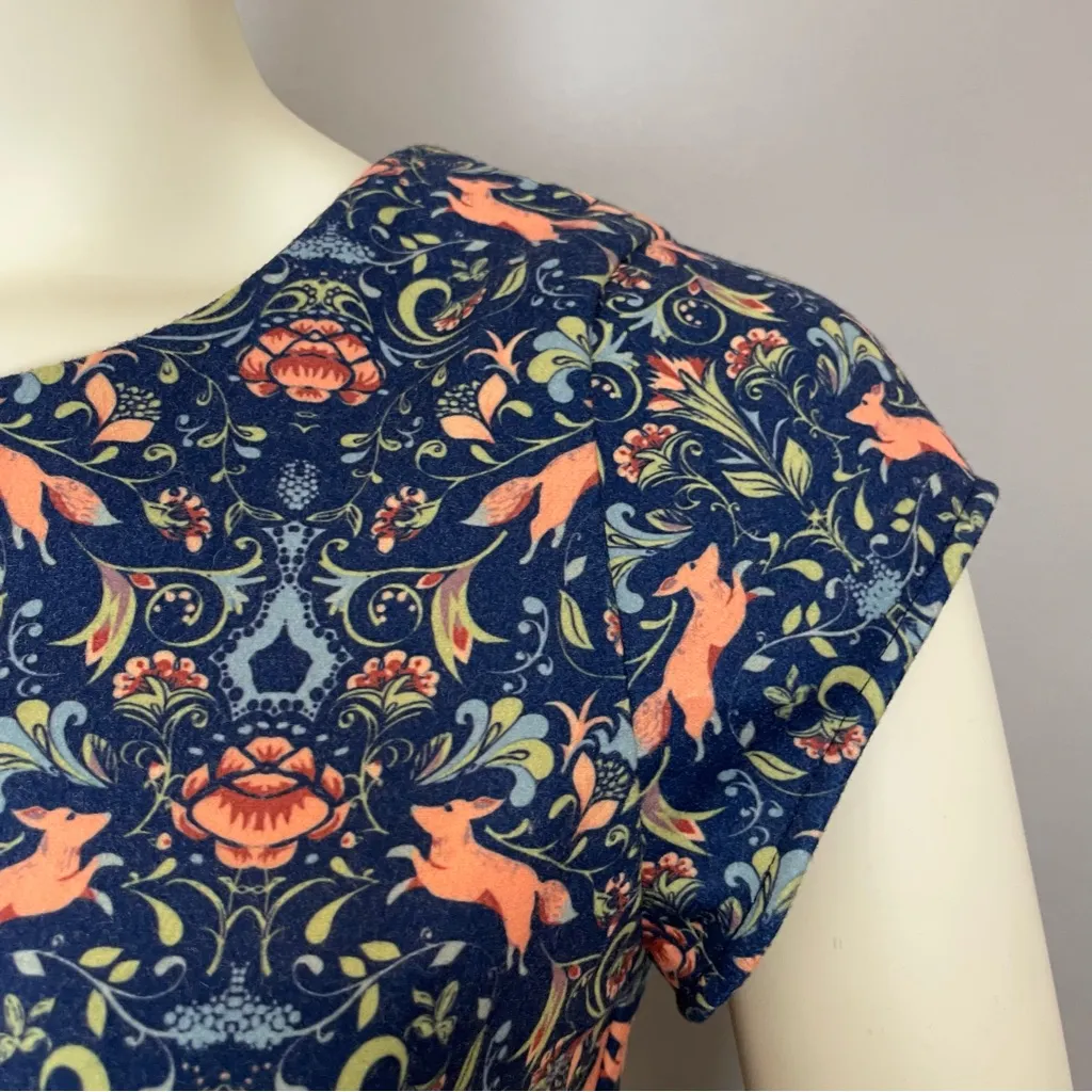 Pink Martini Dress Fox Print Blue Floral A-Line Lined Small Women‎ Cap Sleeves - Image 14