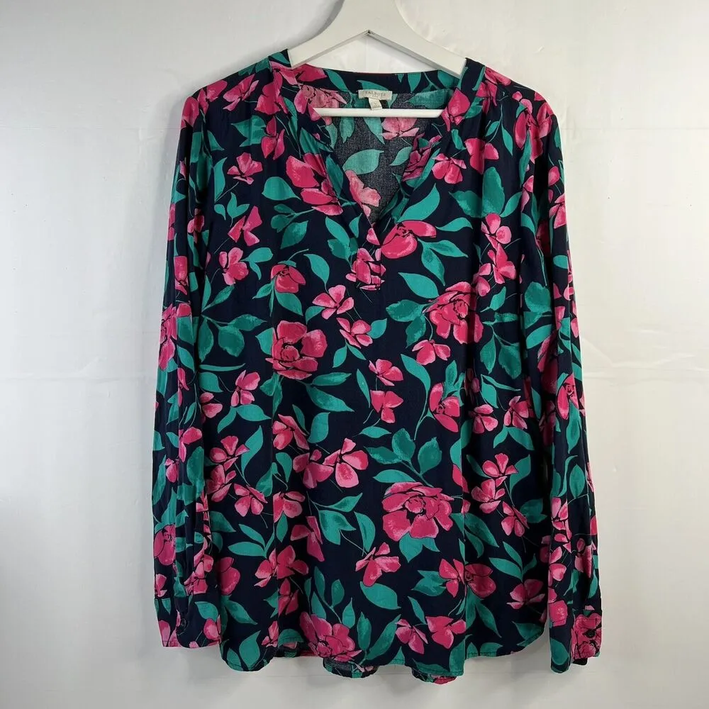 Talbots Woman Sz L Tunic Top Floral Navy Pink Popover V Neck Long Sleeve Blouse - Image 2
