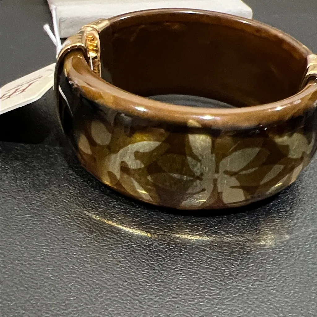 Haute Hippie | Brown & Gold w/ Subtle Floral Accents Bangle Bracelet - Image 6