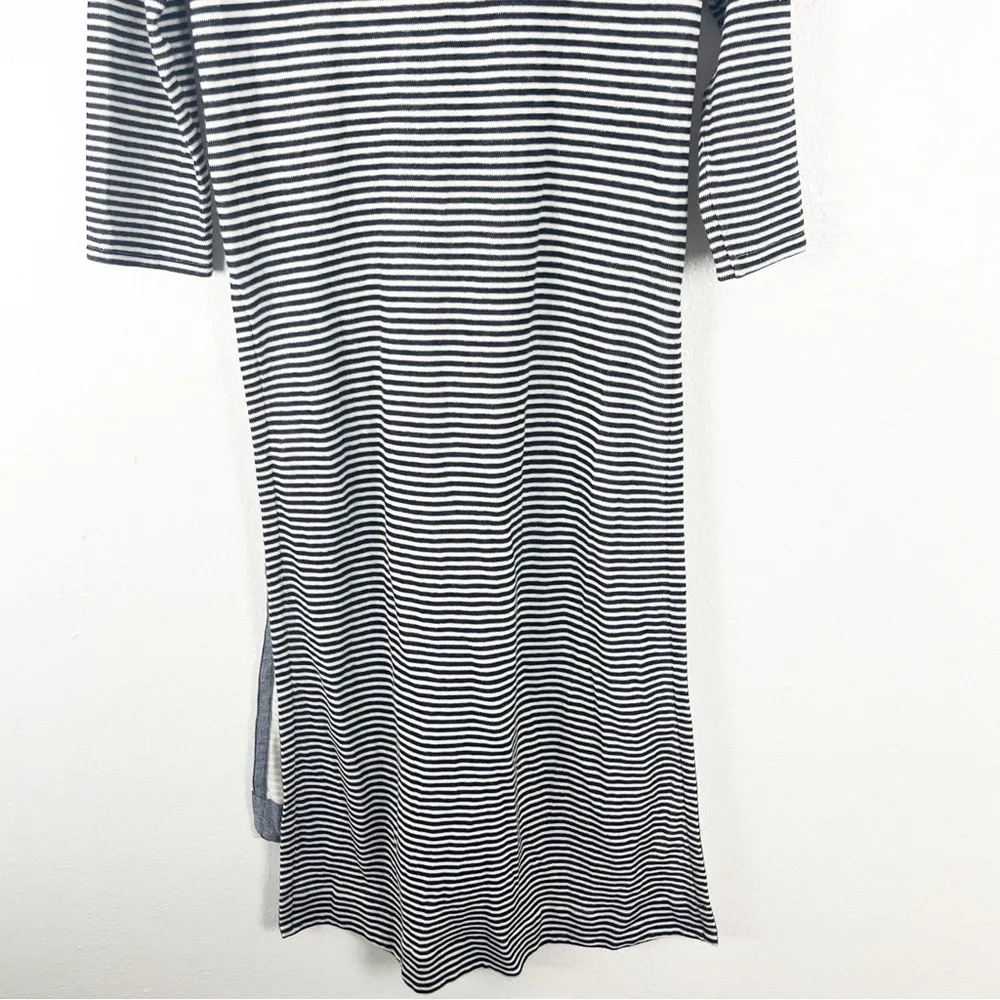 ANTHROPOLOGIE Postmark Blue White Striped Linen Blend Side Slits Henley Dress - Image 11