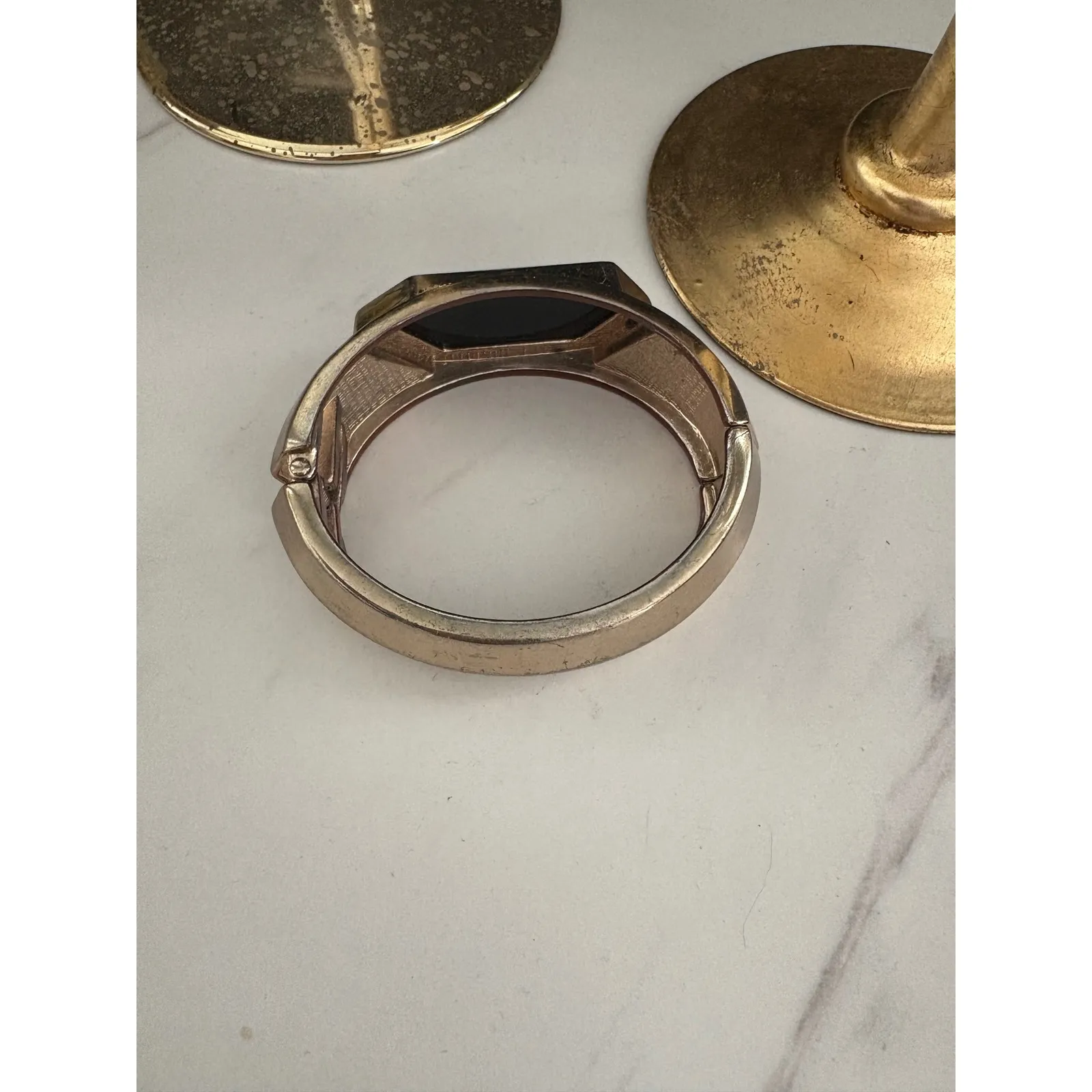 Gold Tone Cuff‎ Bracelet Black Geometric Stone Hinged Bangle Fashion Jewelry y2k - Image 3