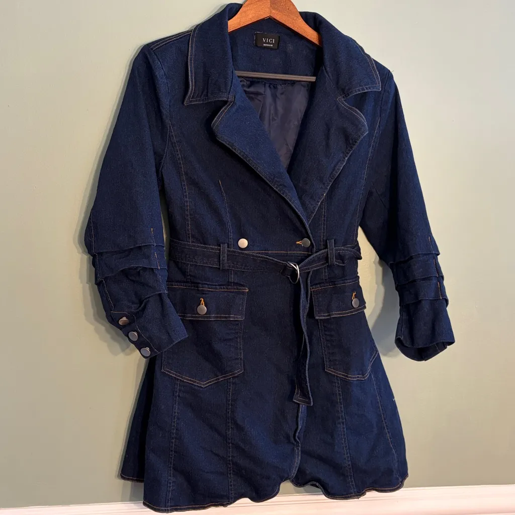 VICI Size Medium Dark Denim Belted Trench Coat Mini Dress - Image 10