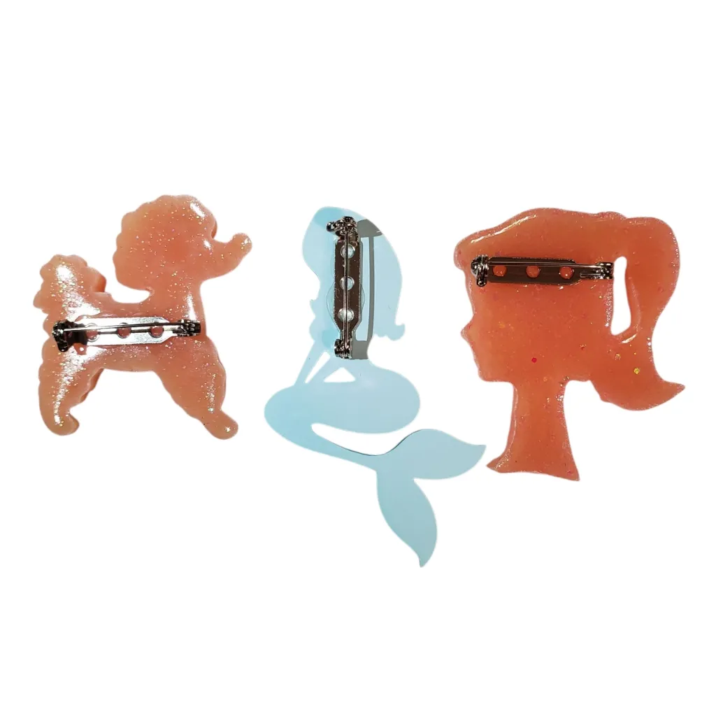 Handmade unique retro resin pinup brooches - Barbie head, mermaid, and poodle - Image 8