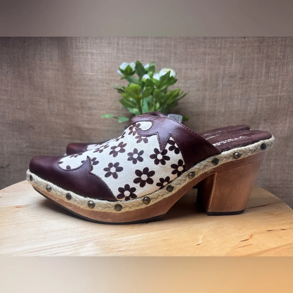 🌼RARE VTG Paris Blues size #9 Brown Floral Women's Clogs daysi print cow 🐄 🌼 - Image 15