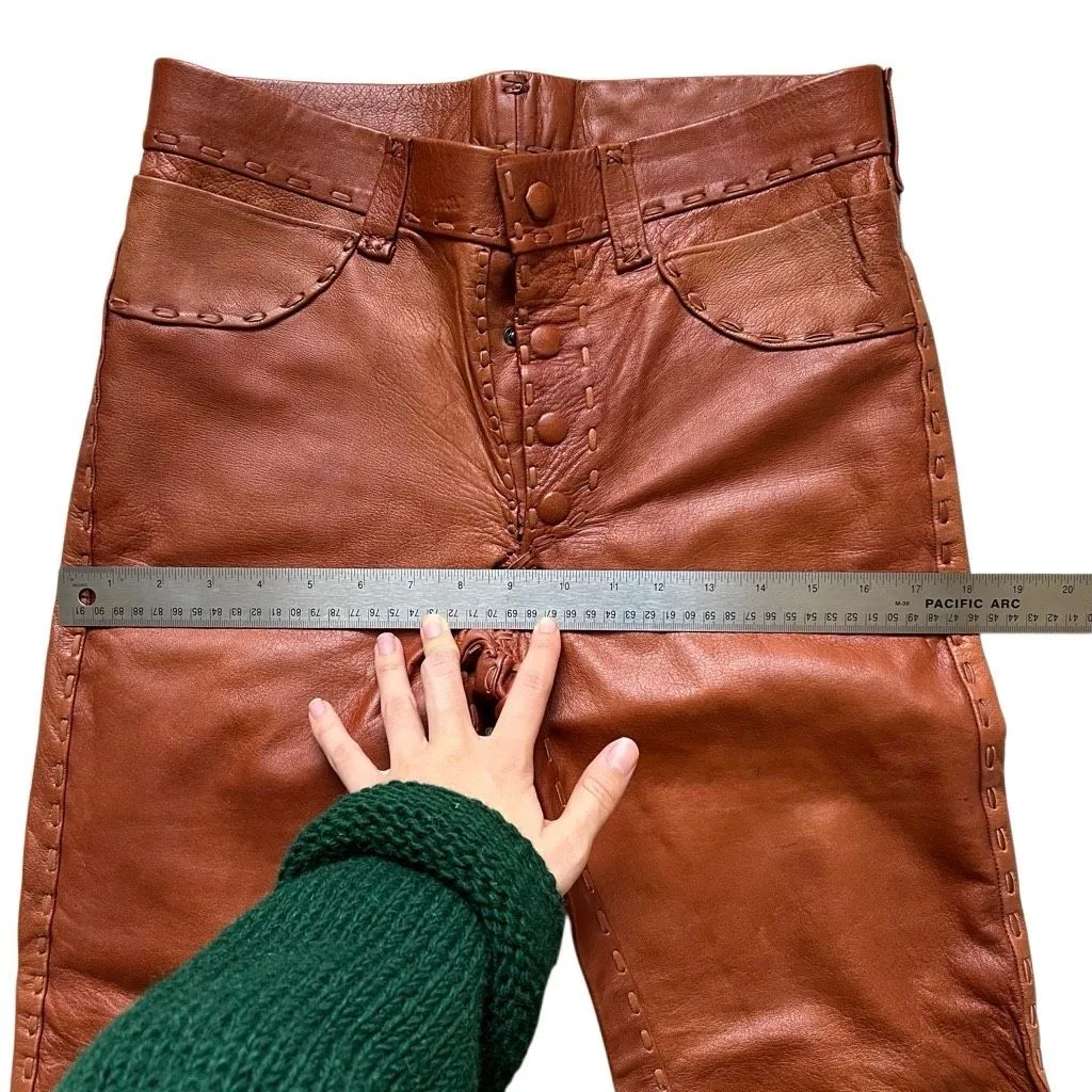 Vintage 1970s Whipstitched Buckskin Leather Flare Pants Size 30” Brown - Image 12