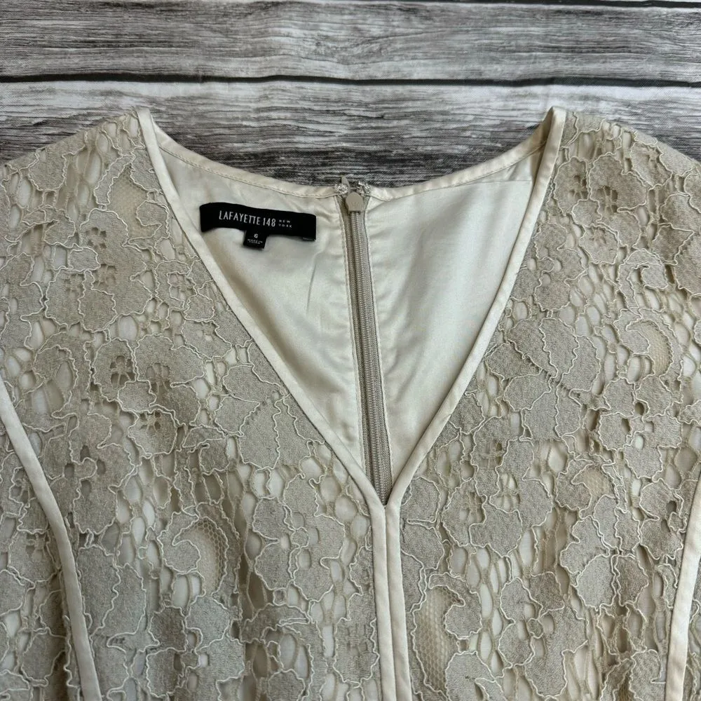 Lafayette 148 New York Women's Sleeveless V Neck Lace Overlay Dress 6 Bone Cream - Image 3