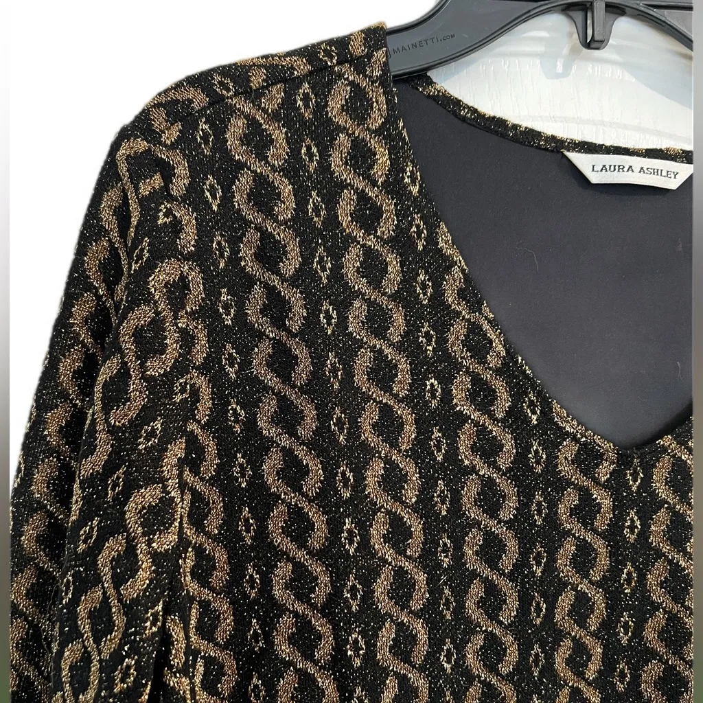 Vintage Women’s Size Large Metallic Knit Top Black Gold Long Sleeve Evening - Image 3