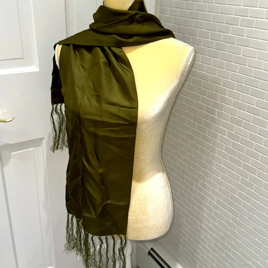 Banana Republic 💯 silk olive green Scarf with 7” silk fringe. 56” by 10” - Image 3