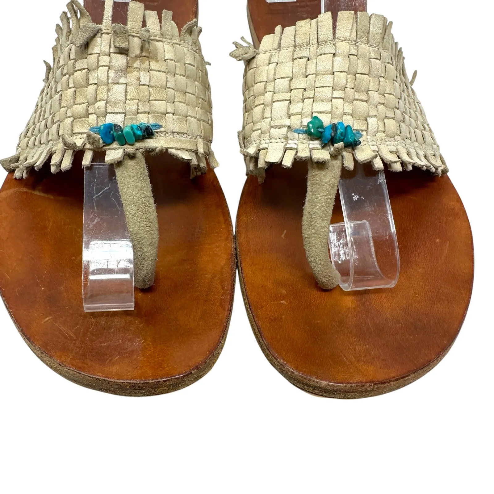 Henry Cuir Slide Sandals‎ Leather Woven Rattan Beaded Tan Brown Size 38 US 8 - Image 10