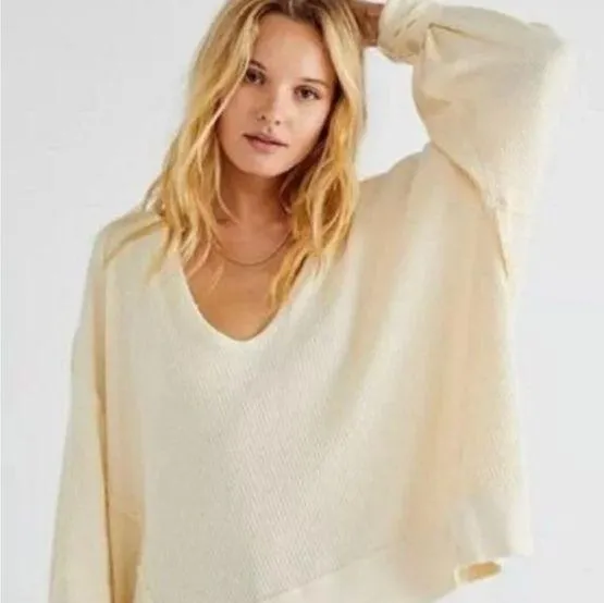 Free People NWT  Santa Clara V Neck Thermal Long Sleeve Alabaster Size S - Image 2