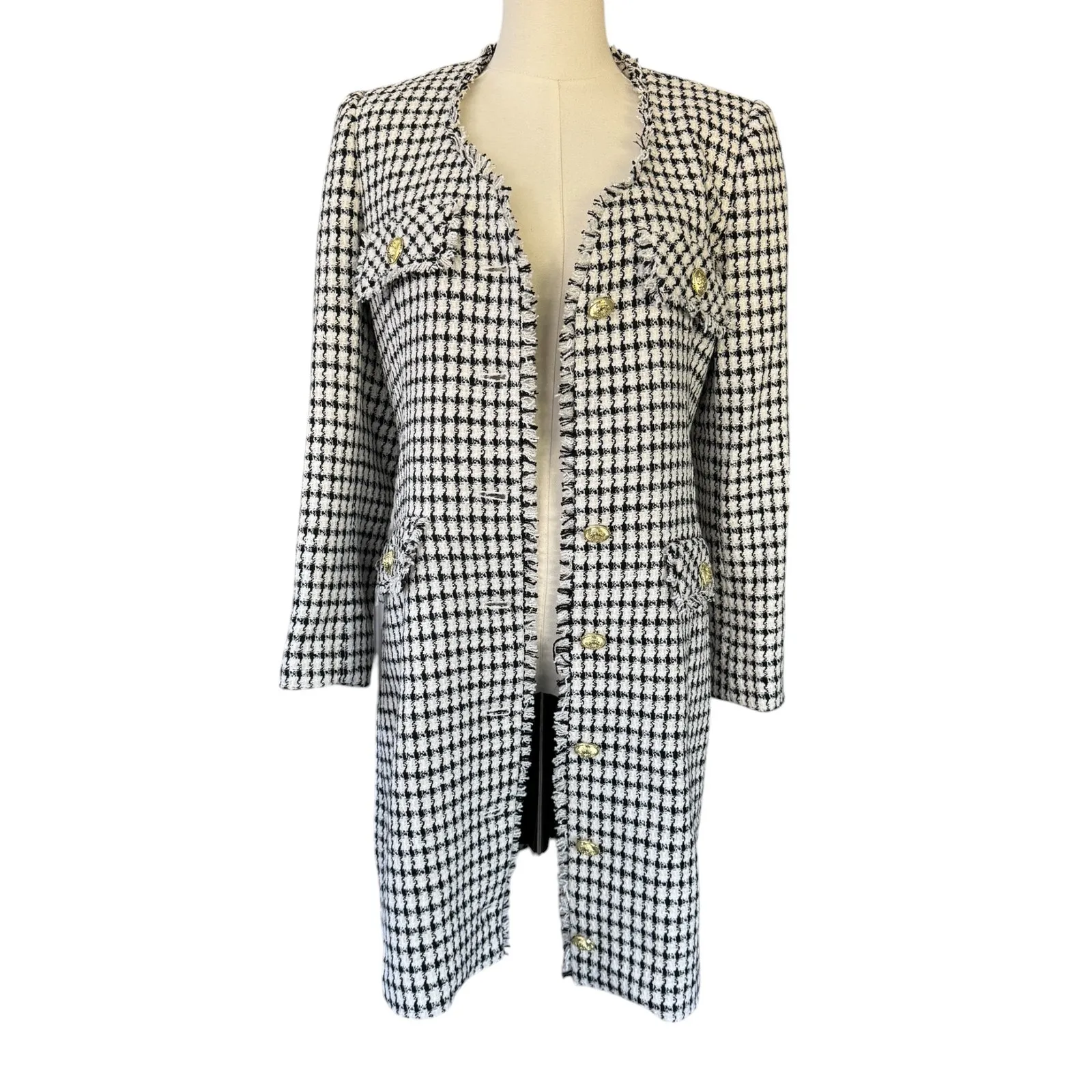 Derek Lam Constance Frayed Jacket Dress Gold Buttoned Size 8 Ivory Black NWT‎ - Image 8