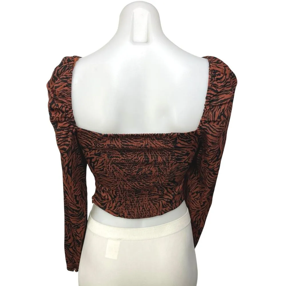 & Other Stories Brown Smocked Animal Zebra Print Square Long Sleeve Crop Top 0 - Image 7