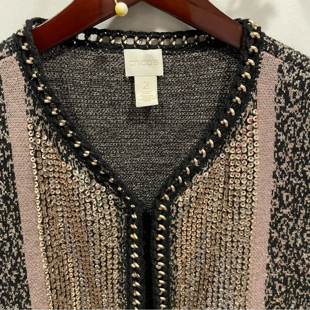 Awesome Chicos black tan gold metallic chain bling bling chunky cardigan sweater - Image 9