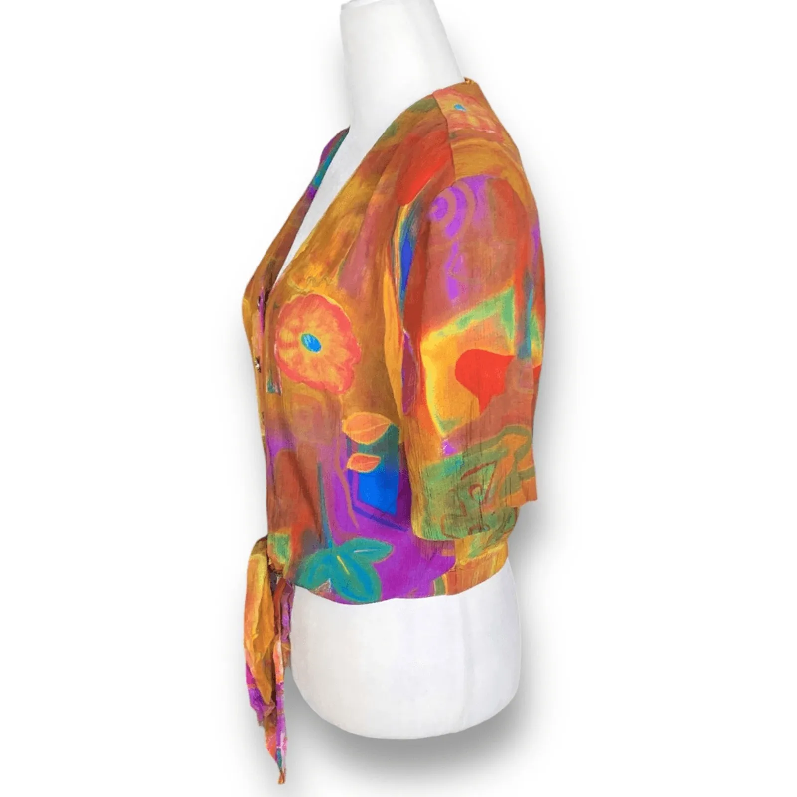 Vintage 90s Abstract Floral Tie Front Top Cropped Multicolor Rayon Shirt Small Orange - Image 4