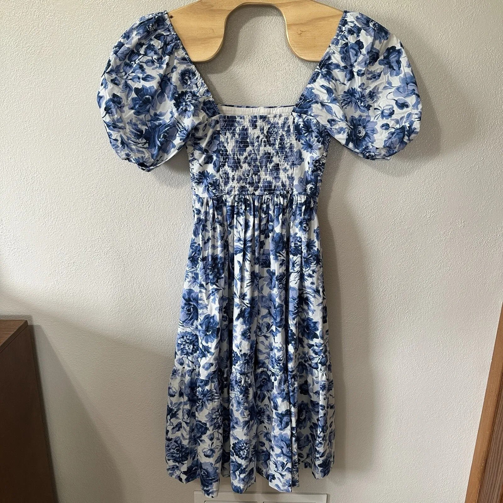 Abercrombie & Fitch Emerson Floral Midi Dress Size XS Blue Puff‎ Sleeve Cottage - Image 7