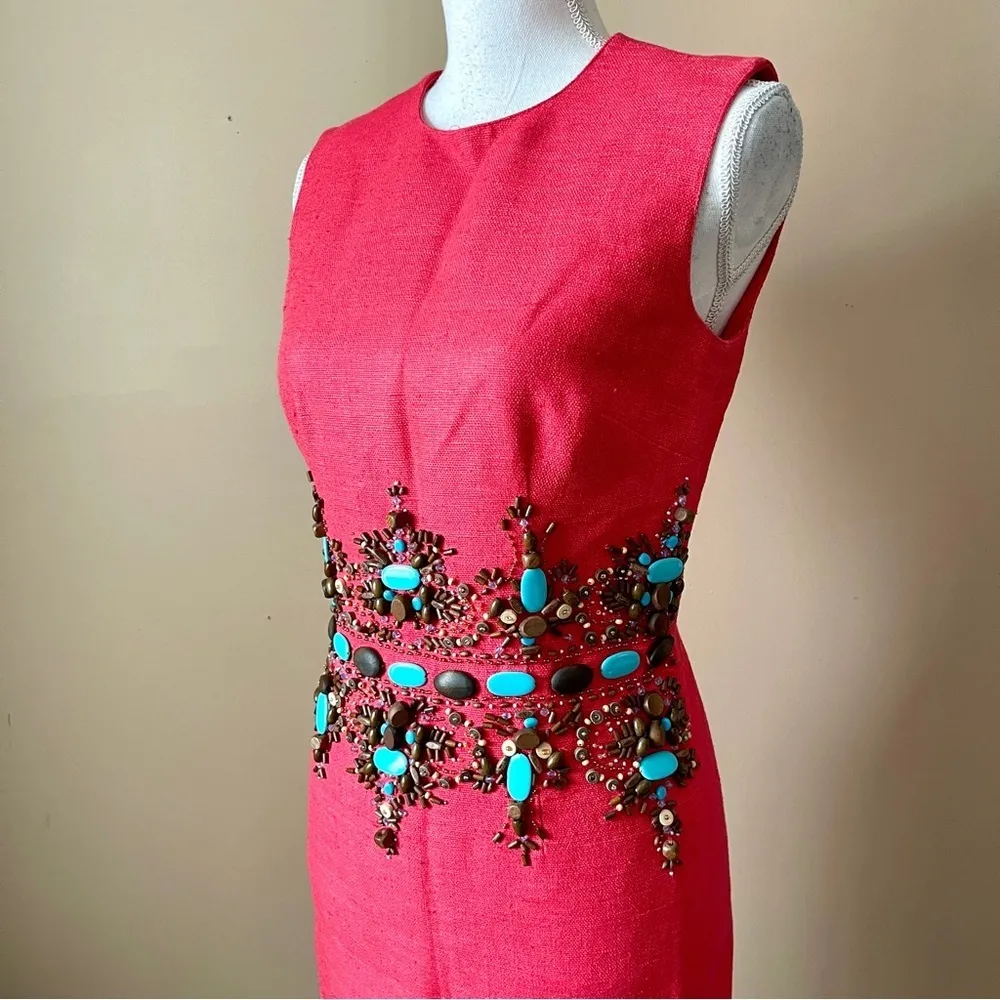 CHETTA B | Vintage Fuchsia Silk Tweed Turquoise Beaded Sheath Dress Sz 2 - Image 3