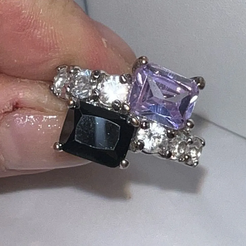 Silver Tone‎ Pink and Black CZ Bypass Ring Silver - Image 3