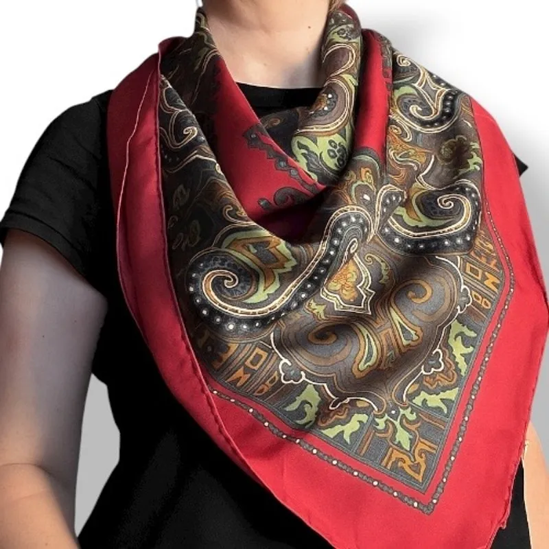 Vintage Made in England Pure Silk Paisley Scarf Burgundy Green Gold Square Wrap Red - Image 8
