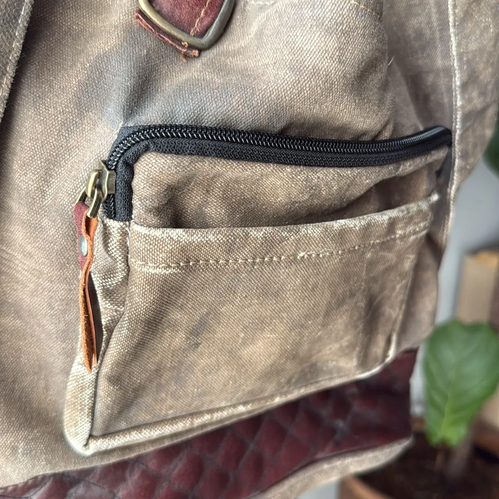 Mona B. Two In One Canvas Tote Shoulder Backpack Bag with Vegan Leather Trim Brown - Image 5