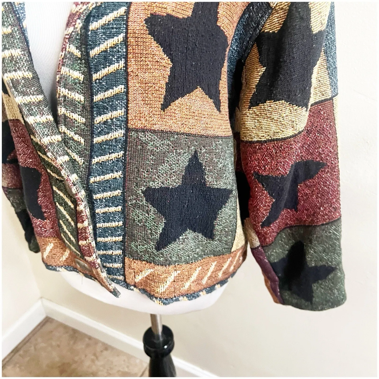 Painted Pony Tapestry Jacket Sz Large/XL Patchwork Stars Button Front Western Blue - Image 8