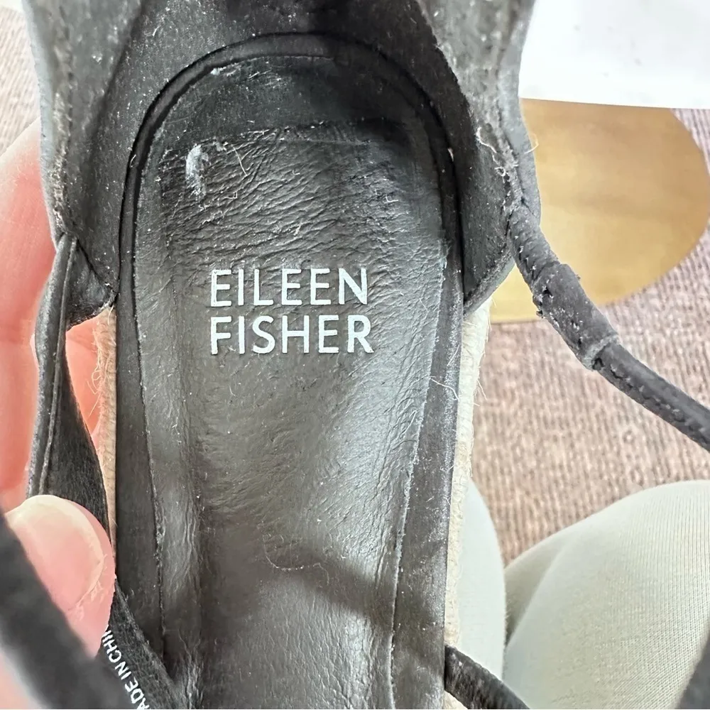 Eileen Fisher Size 5 Wedge‎ Wanda Tumbled Nubuck Espadrille Black Leather - Image 3