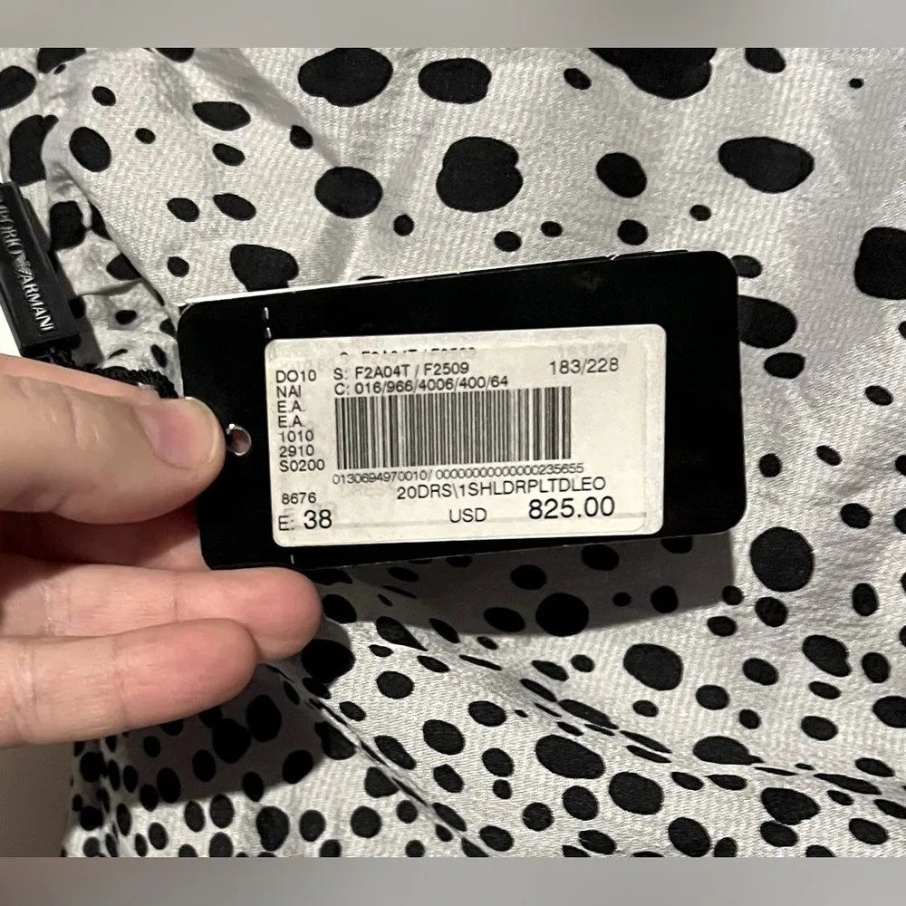 Emporio Armani Silk One-Shoulder Mini Dress NWT EU38 US8 Grey Polka‎ Dot - Image 11