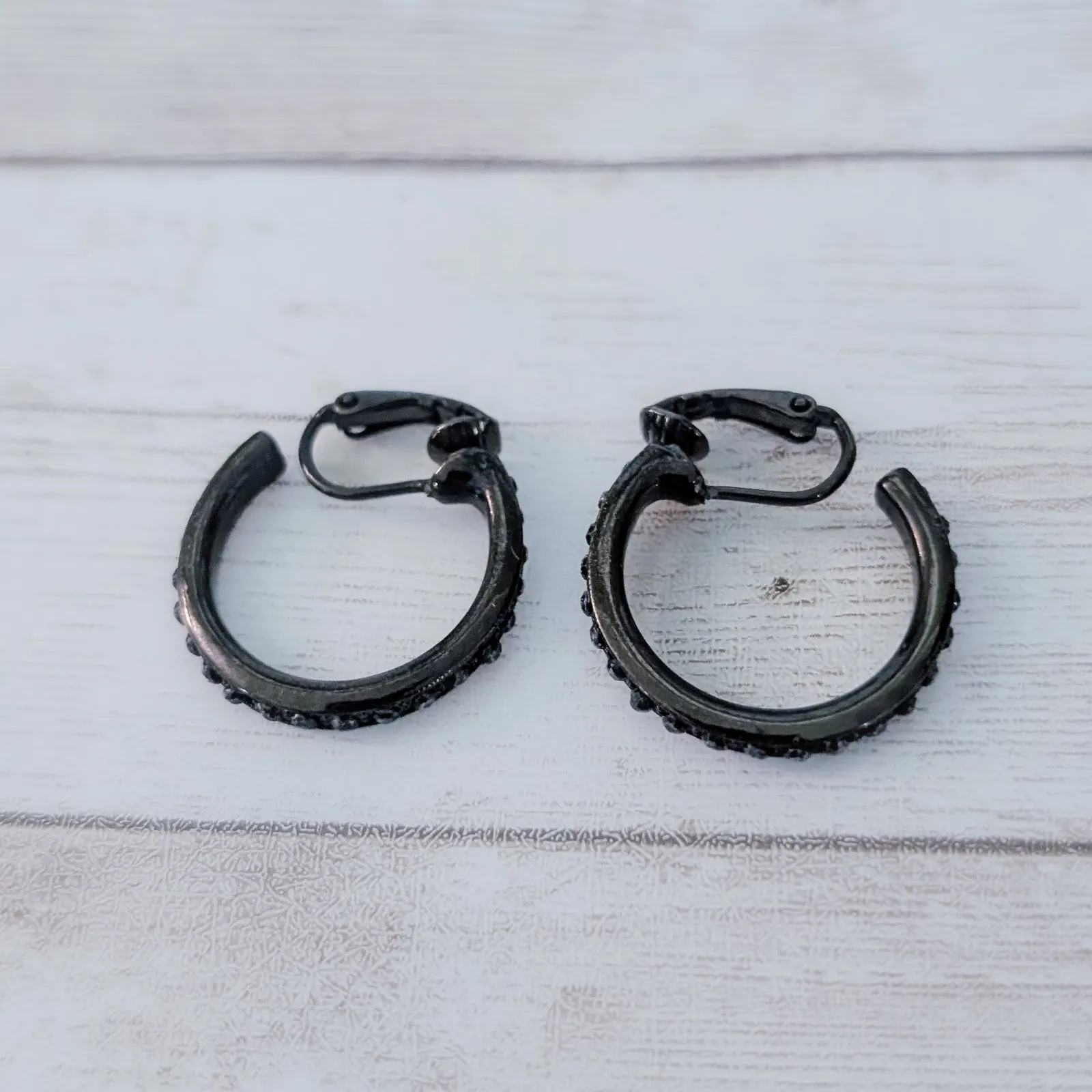 Vintage Clip On Earrings Very Dark Brown Hoops with Black Gems 1" - Image 4